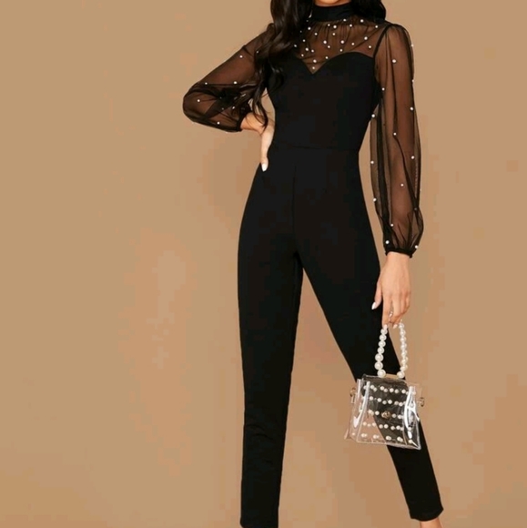 PEARL BEADED MESH LANTERN SLEEVE JUMPSUIT